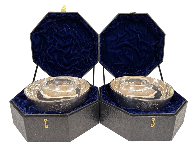 (2) Large Sterling Silver Bowls In Velvet Lined Presentation Cases by James Curtis Master Silversmith