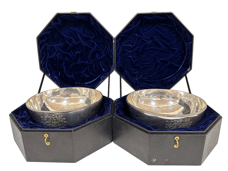 (2) Large Sterling Silver Bowls In Velvet Lined Presentation Cases by James Curtis Master Silversmith