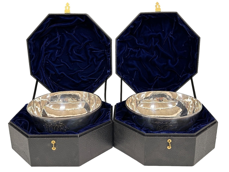 (2) Large Sterling Silver Bowls In Velvet Lined Presentation Cases by James Curtis Master Silversmith