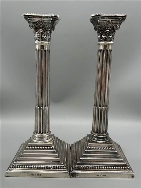 Pair Sterling Silver Corinthian Style Weighted Candlesticks Fergenbaum and Sons England