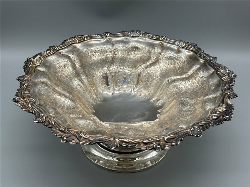 Barker-Ellis Round Silver Plate Center Etched Footed Dish