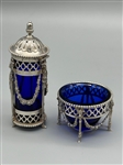 Dutch .833 Silver Matching Blue Cobalt Spice Spreader and Nut Cellar