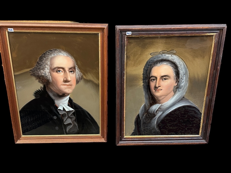 George & Martha Washington Portrait Reverse Paintings on Glass Attributed to William Matthew Prior (1806 to 1873)