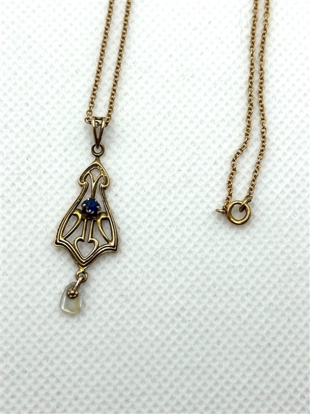 10k Yellow Gold Necklace With Art Nouveau Dangle Pendant 