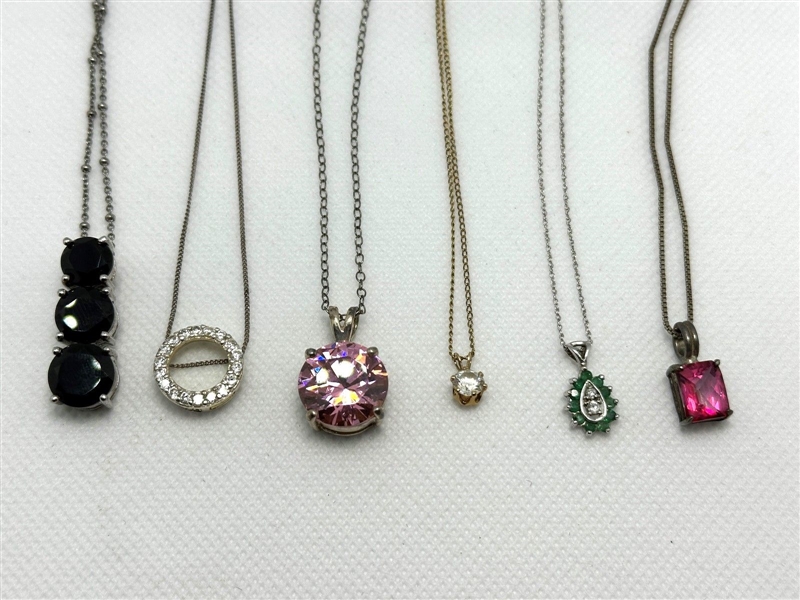 (6) Sterling Silver Necklaces With Gemstone Pendants