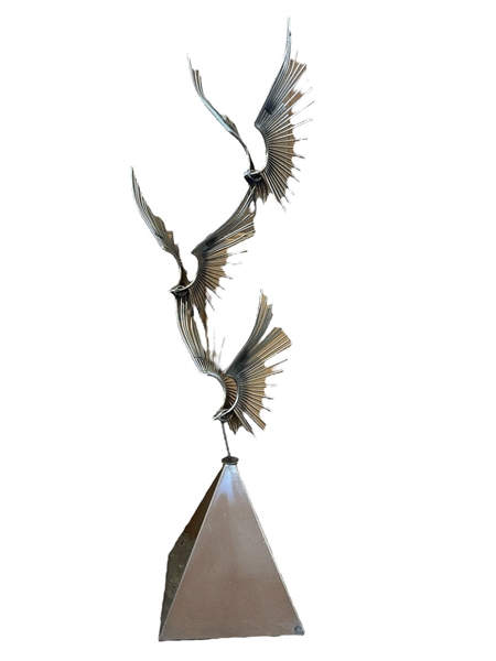 Curtis Jere Large Sculpture "Birds at Flight" Chrome with Pyramidal Base