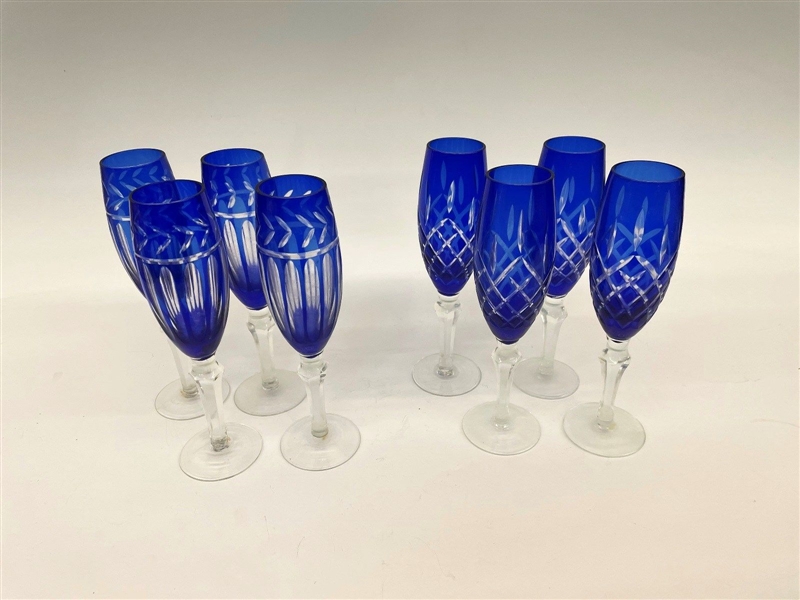 (8) Imperial Estate Crystal Champagne Glasses Cobalt Cut to Clear