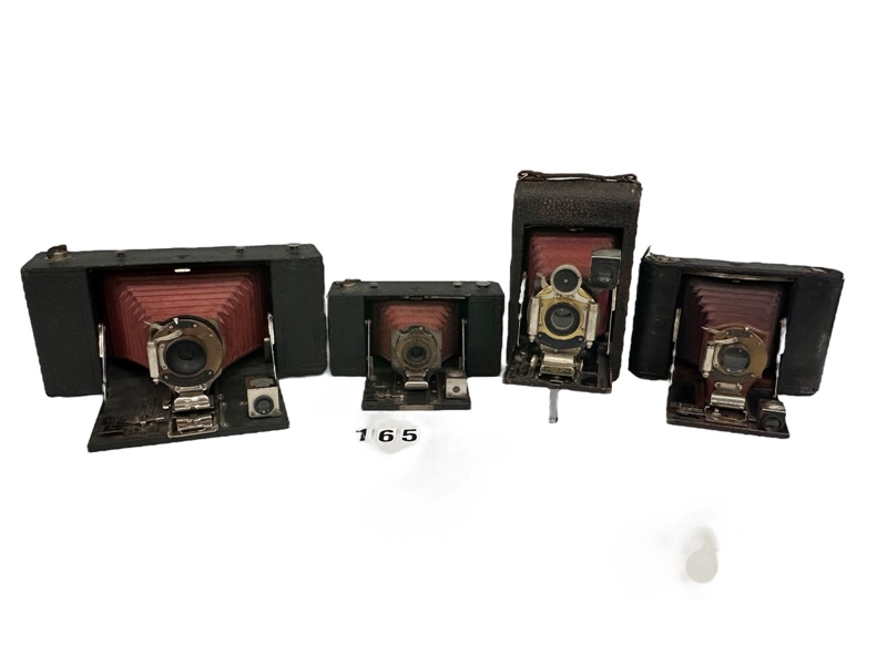 (4) Century Old Red Bellows Folders Cameras