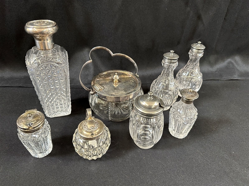 (8) Silver Plated Glass Condiments & Shakers