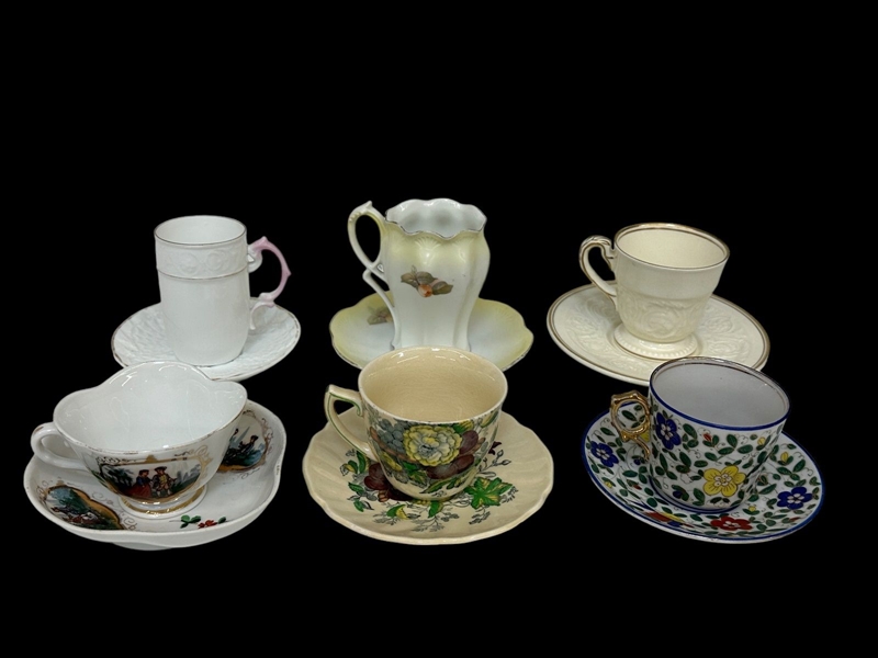 (6) Tea Cups and Saucers; Wedgwood, Royal Doulton, Prussia