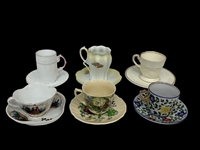 (6) Tea Cups and Saucers; Wedgwood, Royal Doulton, Prussia