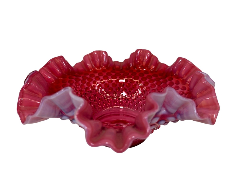 Fenton Hobnail Cranberry Opalescent Ruffled Bowl