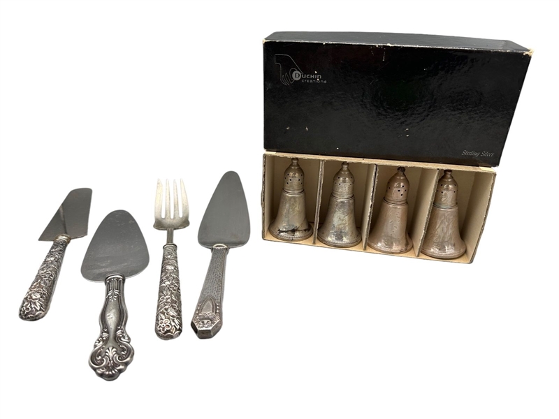 (4) Duchin Weighted Sterling Silver Salt and Pepper, (4) Sterling Silver Utensils