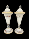 (2) Floral Gold Tipped Detail Lidded Glass Vases