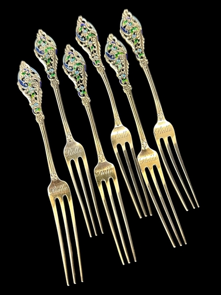 (6) Sterling Silver and Enamel Strawberry Forks Dominick and Haff "Trianon"