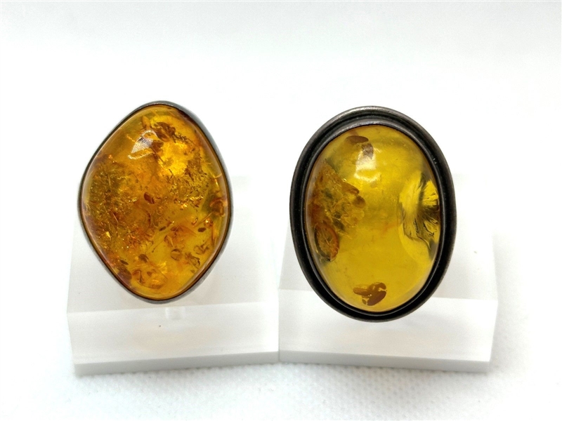 (2) Handmade Amber Sterling Silver Rings