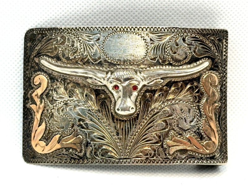 Sterling Silver and 10k Gold Western Belt Buckle