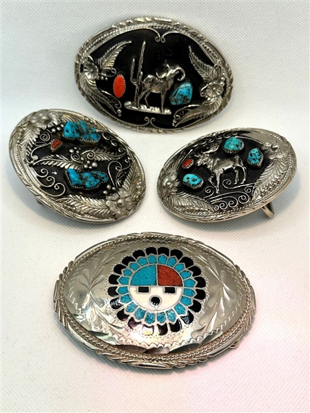 (4) Silver Native American Belt Buckles With Coral, Turquoise