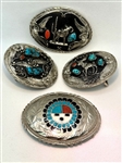 (4) Silver Native American Belt Buckles With Coral, Turquoise