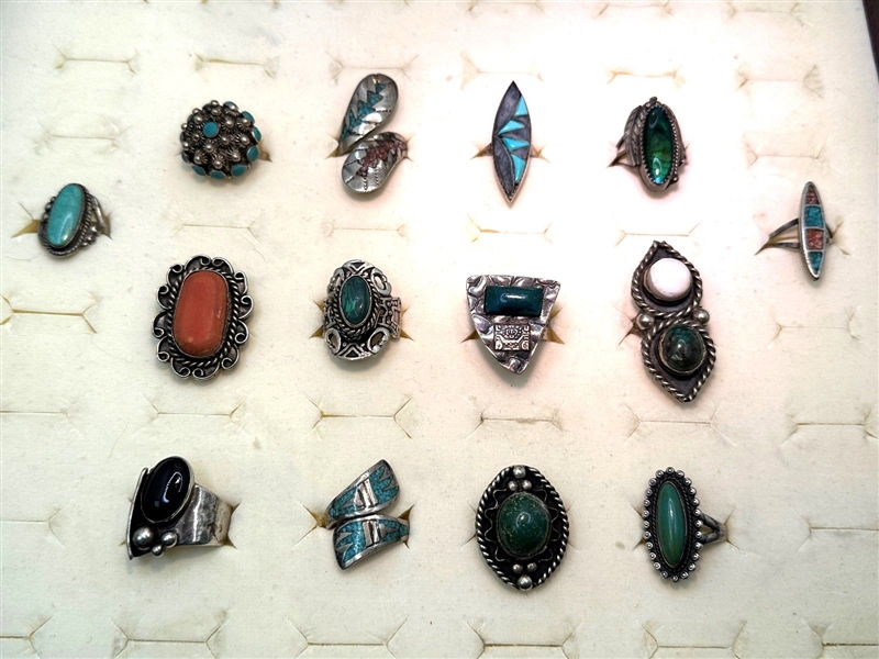 (14) Sterling Silver, Coral, Turquoise Rings