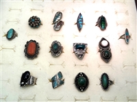 (14) Sterling Silver, Coral, Turquoise Rings