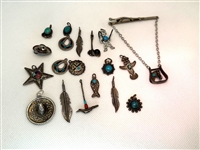 (19) Native American Sterling Silver Charms and Tie Pin