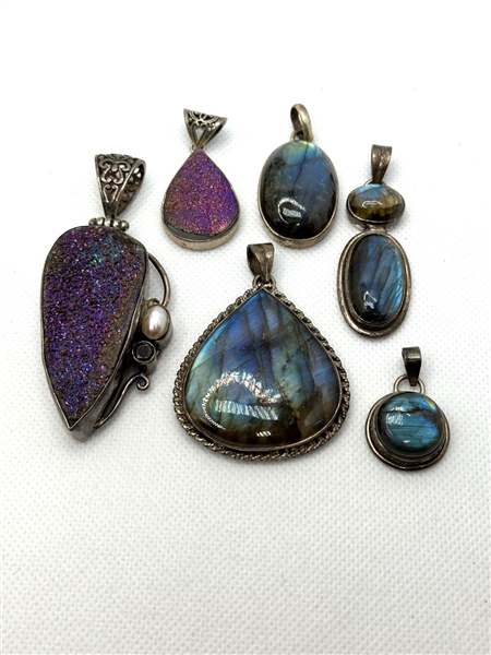 (6) Sterling Silver Pendants in Druzy, Butterfly Wing