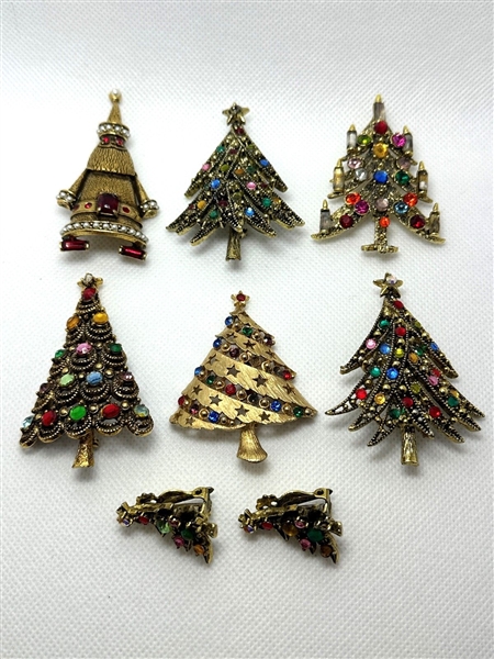 (6) Hollycroft Christmas Tree Brooches and Earring Set