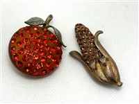 (2) Lucite Vintage Costume Brooches; Apple, Ear of Corn