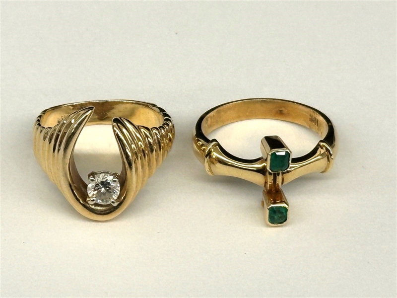 (2) 14k Gold Rings Diamond and Emeralds