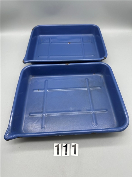 (2) Blue Extra Large 5x7 Porcelain Enamel Darkroom Developing Trays