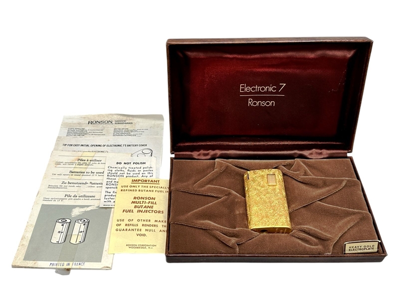 Ronson Electronic 7 Heavy Gold Plated Lighter in Original Box