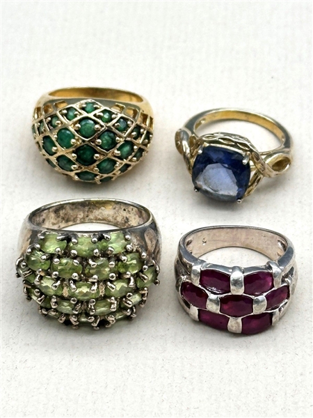 (4) Sterling Silver Rings; Rubies, Emeralds, Tanzanite, Peridots.