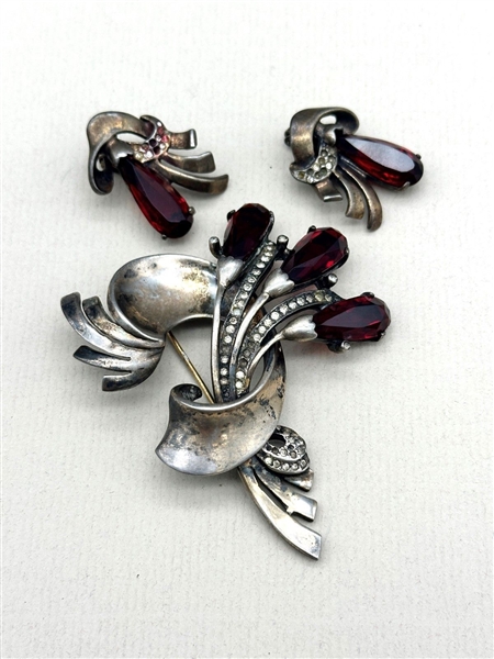 LCL Sterling Silver Brooch and Earrings With Red Rhinestones