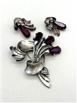 LCL Sterling Silver Brooch and Earrings With Red Rhinestones