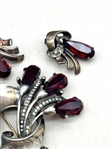 LCL Sterling Silver Brooch and Earrings With Red Rhinestones