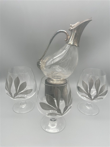 Silver Plate Duck Decanter With (3) Silver Overlay Sniffer Glasses