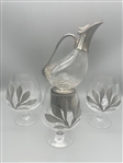 Silver Plate Duck Decanter With (3) Silver Overlay Sniffer Glasses