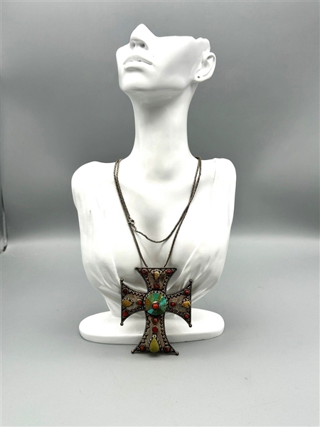 Oversize Sterling Silver Cross With Cabochon Stones With Chain