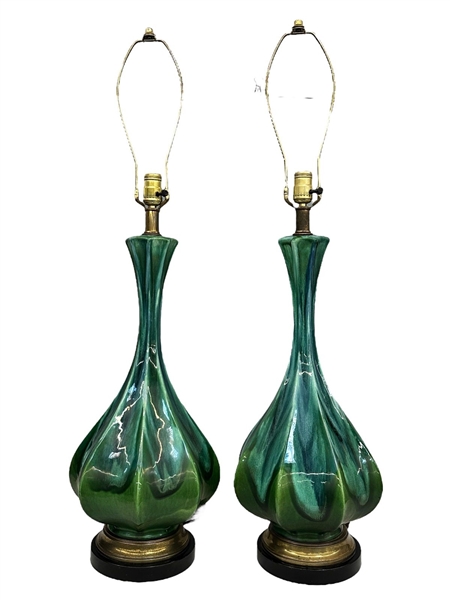Pair Ceramic Drip Lamps Possibly Blue Mountain Pottery