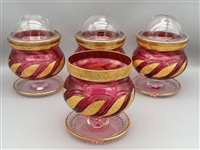 (4) Lidded Cranberry Gold Detail Seafood/Candy Dishes
