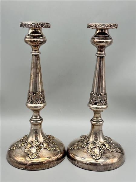 Silver Plate Candle Sticks Grape Motif