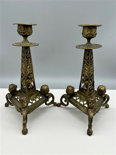 Pair Brass Candle Sticks Putti Detail