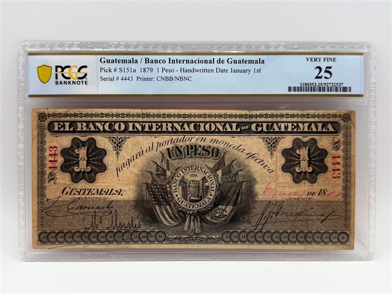 1879 1 Peso Banknote  el Banco de Guatemala PCGS 25 Very Fine