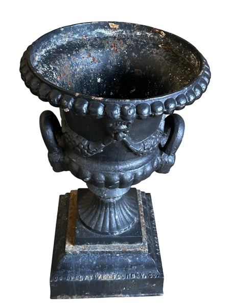 Cast Iron Black Painted Urn Yard Sculpture Co-Operative Foundry Co. Rochester, NY.