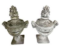Lidded Cement Garden Urns Drop Apron Male Face Detail