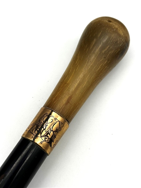 Walking Cane, Bone Handle, 18k Gold Neck Band Monogram AR
