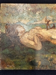 Oil Painting on Board Giant with 2 Small Soldiers on Midsection