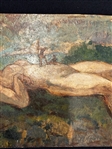 Oil Painting on Board Giant with 2 Small Soldiers on Midsection