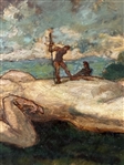 Oil Painting on Board Giant with 2 Small Soldiers on Midsection
